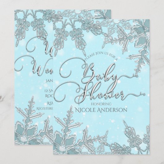 Blue Winter Wonderland Snowflakes Baby shower Kaart (Voorkant / Achterkant)