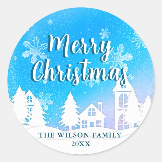 Blue Winter Wonderland Vrolijk Kerstfeest Ronde Sticker (Voorkant)