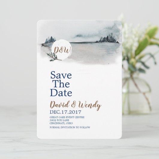 Blue Winter Wonderland Wedding save the date card (Staand voorkant)