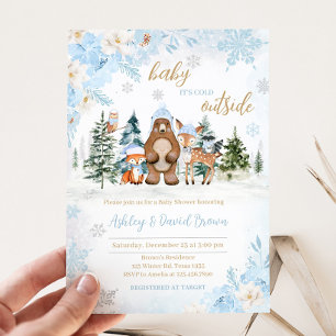 Blue Winter Woodland Animals Baby shower Kaart