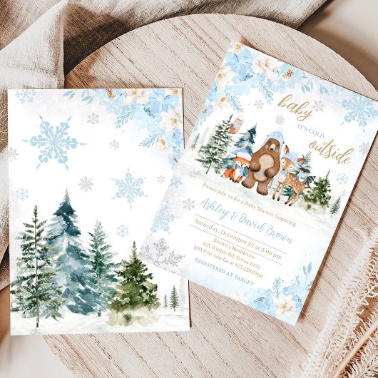 Blue Winter Woodland Animals Baby shower Kaart