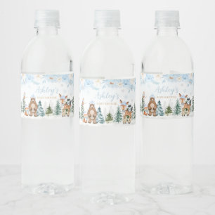 Blue Winter Woodland Animals Baby shower Waterfles Etiket