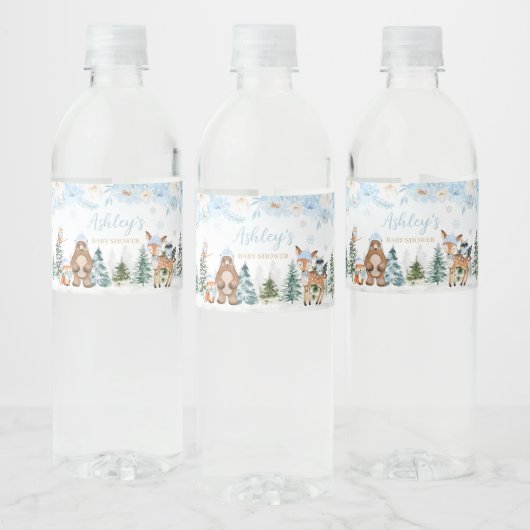 Blue Winter Woodland Animals Baby shower Waterfles Etiket (Flessen)