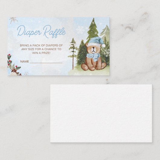 Blue Winter Woodland Baby shower Diaper Raffle Informatiekaartje (Voorkant / Achterkant)