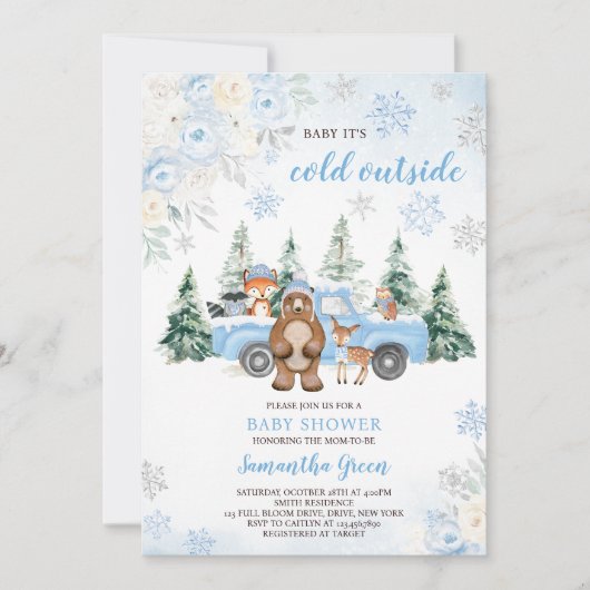 Blue Winter Woodland Baby shower Kaart (Voorkant)