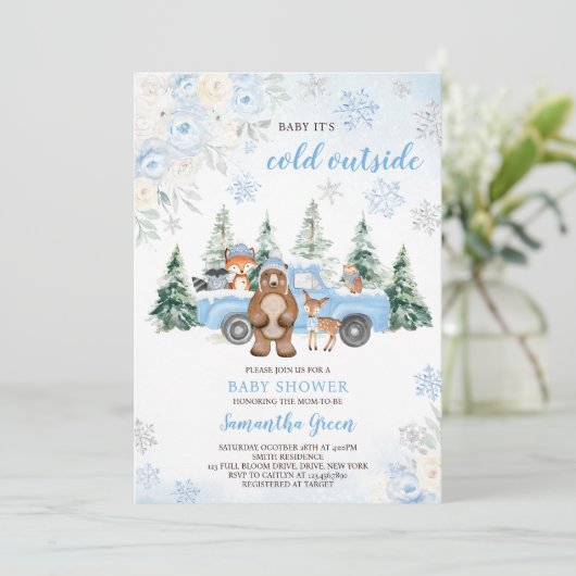 Blue Winter Woodland Baby shower Kaart (Staand voorkant)