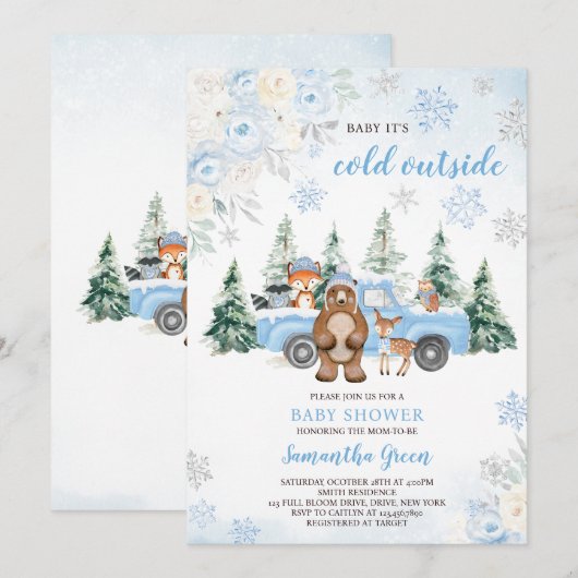 Blue Winter Woodland Baby shower Kaart (Voorkant / Achterkant)