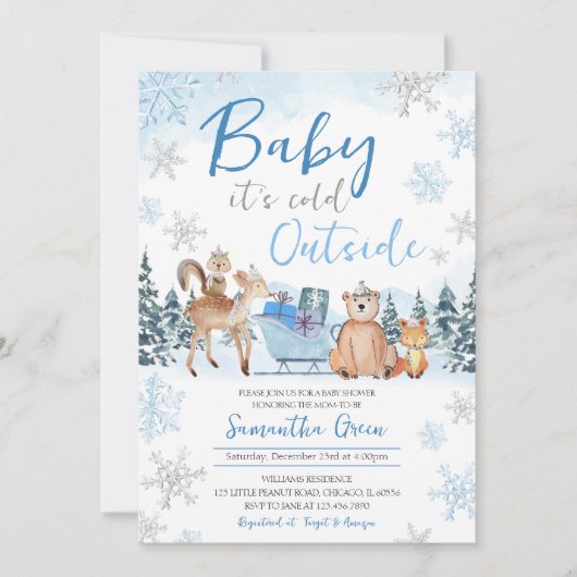 Blue Winter Woodland Baby shower Kaart (Voorkant)