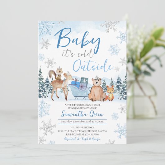 Blue Winter Woodland Baby shower Kaart (Staand voorkant)