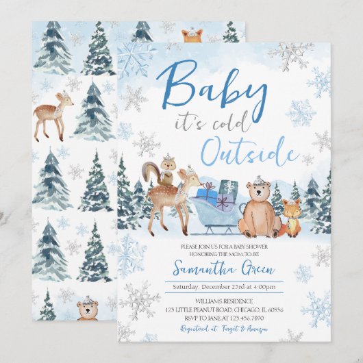 Blue Winter Woodland Baby shower Kaart (Voorkant / Achterkant)