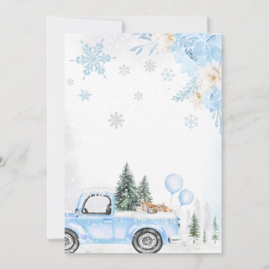 Blue Winter Woodland Truck Baby shower Kaart (Achterkant)