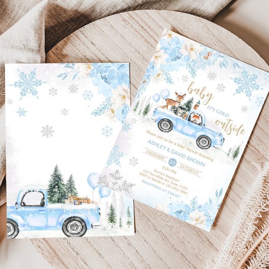 Blue Winter Woodland Truck Baby shower Kaart