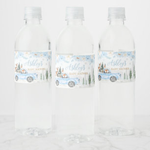 Blue Winter Woodland Truck Baby shower Waterfles Etiket