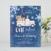Blue Winter Woodland Truck First Birthday Invite Kaart (Staand voorkant)