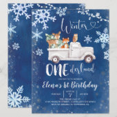 Blue Winter Woodland Truck First Birthday Invite Kaart (Voorkant / Achterkant)