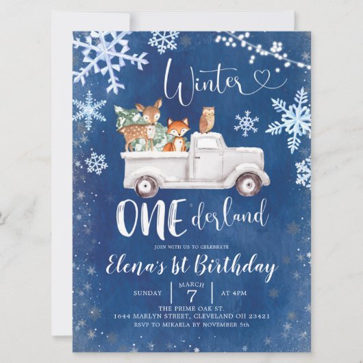 Blue Winter Woodland Truck First Birthday Invite Kaart (Voorkant)