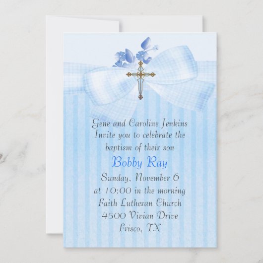 Blue with Cross Boy's Baptism Invitation Kaart (Voorkant)