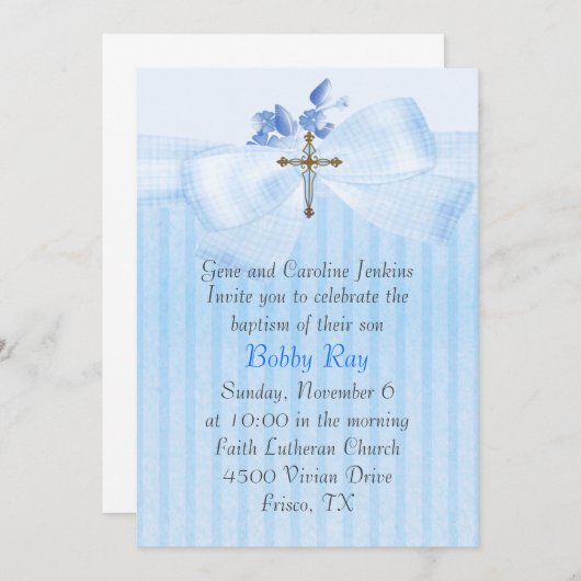 Blue with Cross Boy's Baptism Invitation Kaart (Voorkant / Achterkant)
