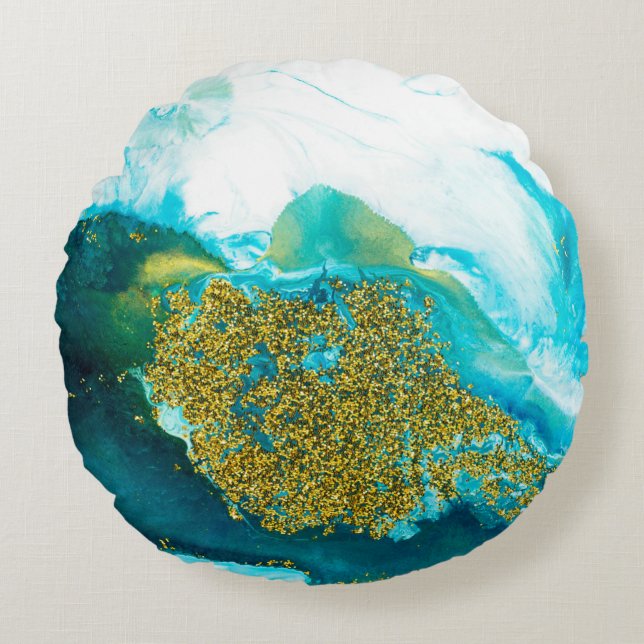 Blue with gold glitter fluid art, creative abstrac rond kussen (Voorkant)