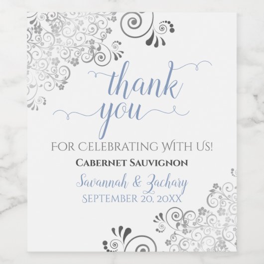 Blue with Gray Frills on White Wedding Thank You Wijn Etiket (Enkel label)