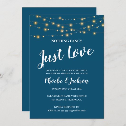 Blue with String Lights Wedding Elopement Party Kaart (Voorkant / Achterkant)