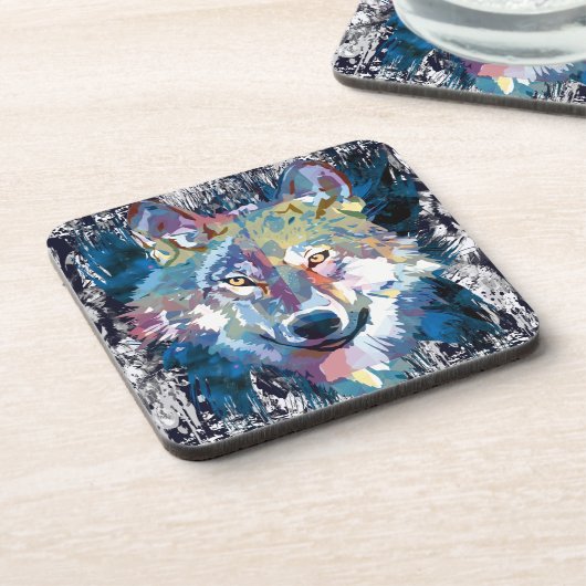 Blue Wolf Beverage Coaster | Colorful Wolf Drawing Bier Onderzetter (Linkerzijde)