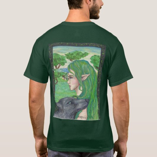 Blue Wolf Fantasy Magic Celtic Irish Fairy Elf T-shirt (Achterkant)