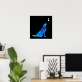 Blue Wolf Howling bij Moon Poster (Thuiskantoor)