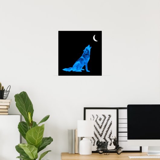 Blue Wolf Howling bij Moon Poster (Thuiskantoor)