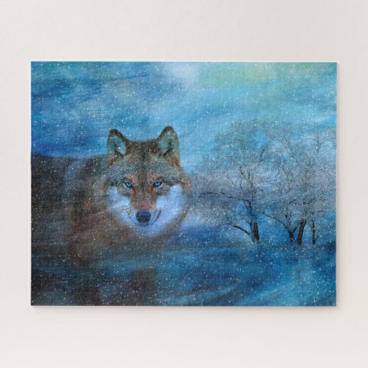 Blue Wolf Winter Forest Wildlife Painting Legpuzzel (Horizontaal)