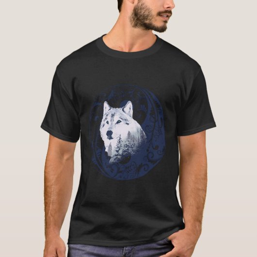 Blue Wolf Yin Yang Mandala Bos Natuur Art Design T-shirt (Voorkant)