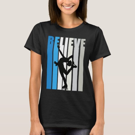 Blue Womens Believe Ice Skating Motivational Retro T-shirt (Voorkant)