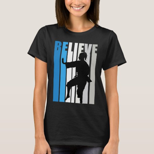 Blue Womens Believe Karate Motivational Retro Grap T-shirt (Voorkant)