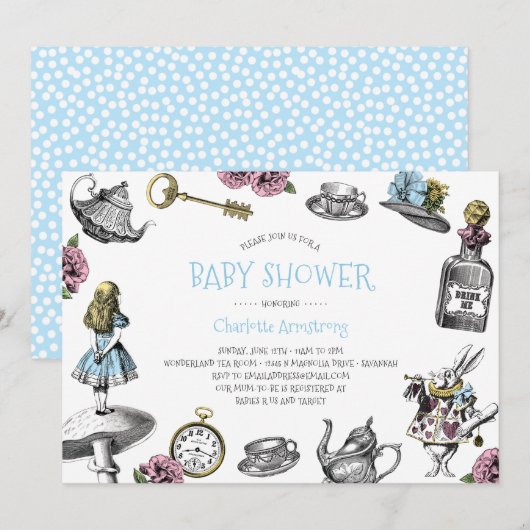 Blue Wonderland Baby shower met Polka Dots Kaart (Voorkant / Achterkant)