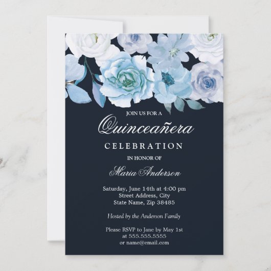 Blue Wonderland Grey Floral Quinceanera Party Kaart (Voorkant)