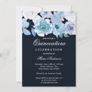 Blue Wonderland Grey Floral Quinceanera Party Kaart