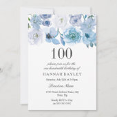 Blue Wonderland Grey Flower 100th Birthday Invite Kaart (Voorkant)