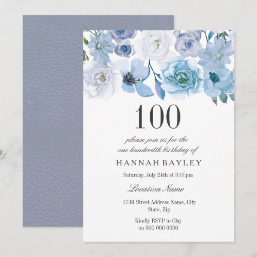 Blue Wonderland Grey Flower 100th Birthday Invite Kaart (Voorkant / Achterkant)