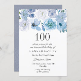 Blue Wonderland Grey Flower 100th Birthday Invite Kaart