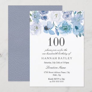Blue Wonderland Grey Flower 100th Birthday Invite Kaart