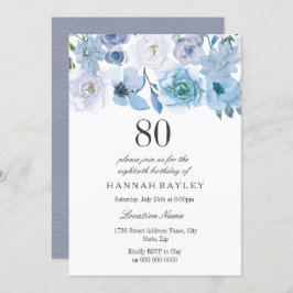 Blue Wonderland Grey Flower 80th Birthday Invite Kaart
