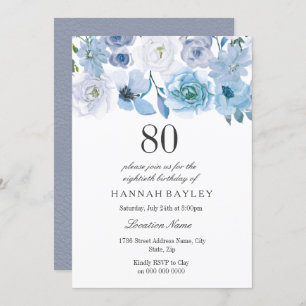 Blue Wonderland Grey Flower 80th Birthday Invite Kaart