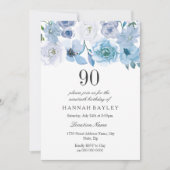 Blue Wonderland Grey Flower 90th Birthday Invite Kaart (Voorkant)