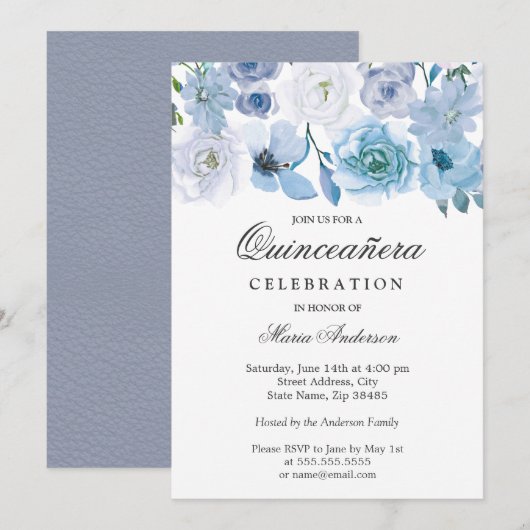 Blue Wonderland Grey Flower Quinceanera Invite Kaart (Voorkant / Achterkant)