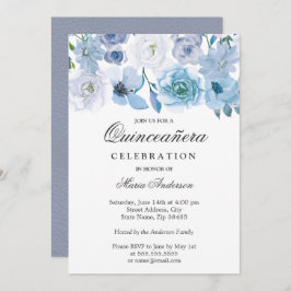 Blue Wonderland Grey Flower Quinceanera Invite Kaart
