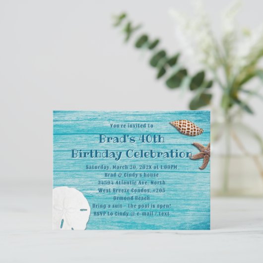 Blue Wood Beach Shells Party Invitation Briefkaart (Staand voorkant)
