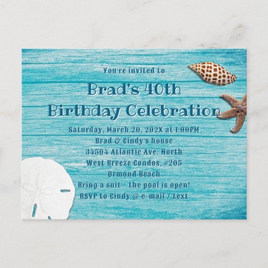 Blue Wood Beach Shells Party Invitation Briefkaart (Voorkant)