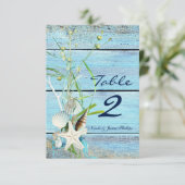 Blue Wood Beach Tropical Wedding Table Number Kaar Kaart (Staand voorkant)