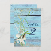 Blue Wood Beach Tropical Wedding Table Number Kaar Kaart (Voorkant / Achterkant)