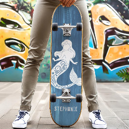 Blue Wood Beach Zeemeermin Aangepaste Naam Persoonlijk Skateboard